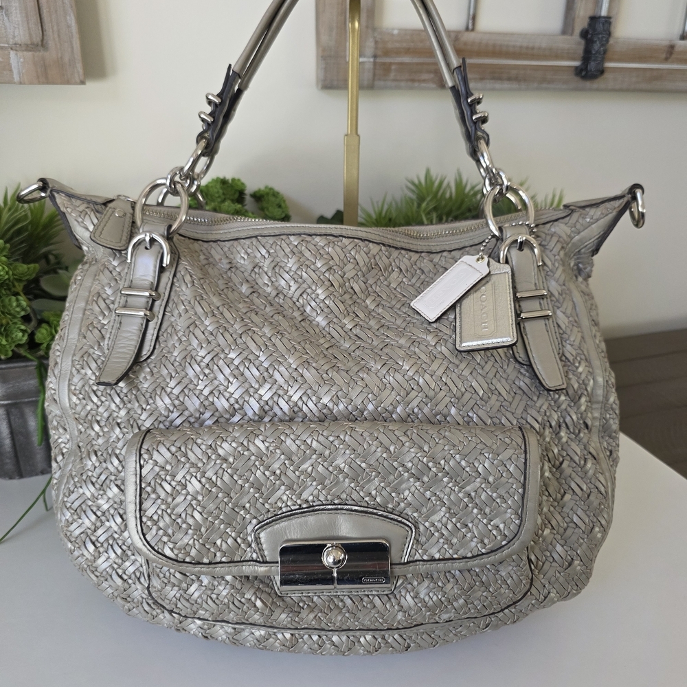 Coach Kristin Woven Leather Satchel Platinum Silver
